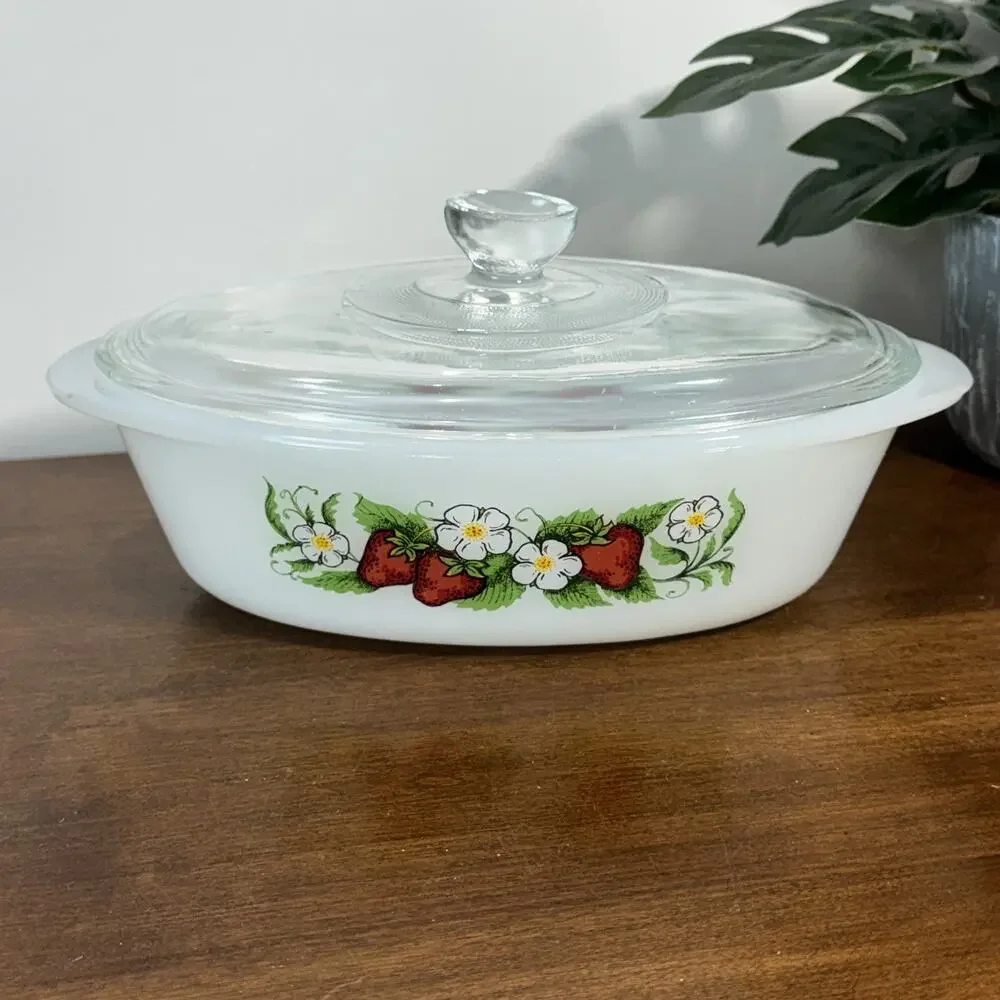 Vintage Glasbake Strawberry Oval Casserole Dish with Lid J-3235 Milk Glass Bake